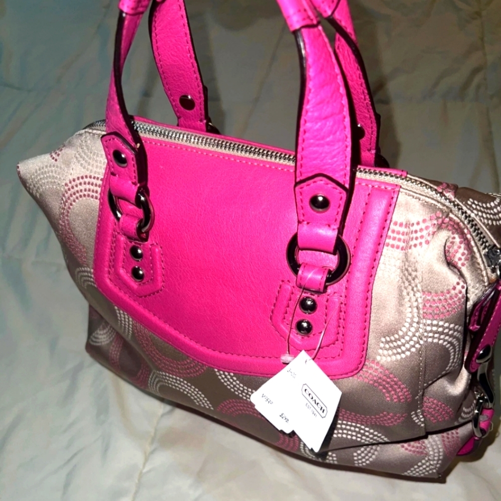 NWT Coach Ashley Pink And Khaki Dotted Canvas And Leather Satchel. PRICE FIRM - Picture 5 of 9